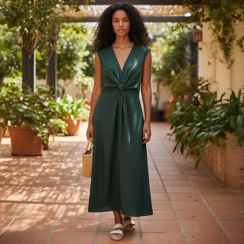 ZARA Dark Emerald Green Knotted V‎ Neck Sleeveless Midi Dress Women Size S